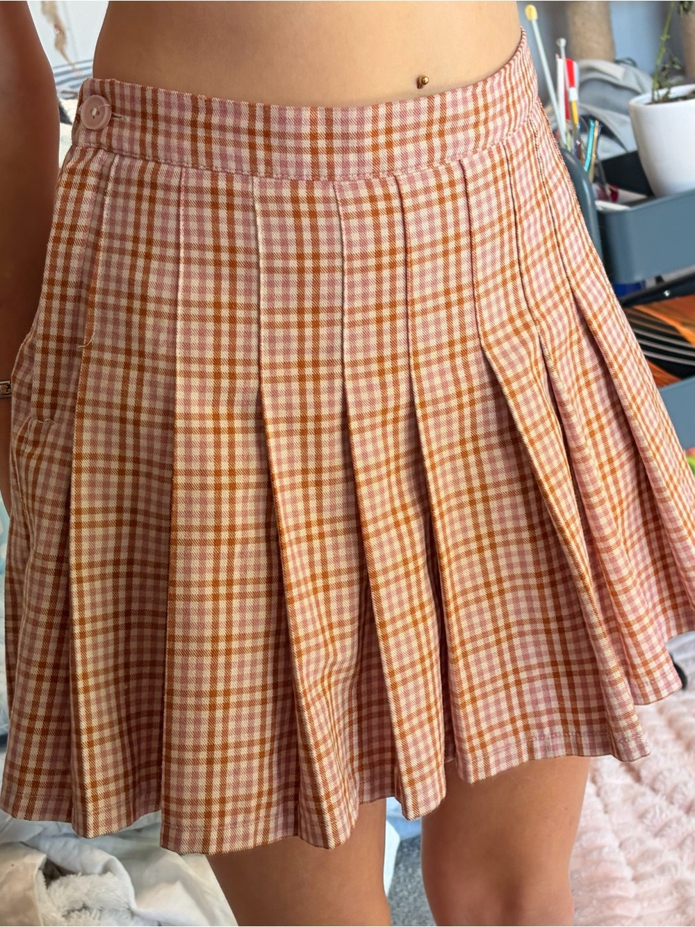 aerie Plaid Pleated Mini Skirt - Pink & Tan